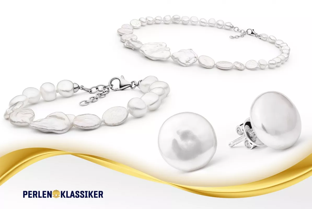 Perlenschmuck Set - Trend Barock - Perlenkette, Perlenarmband, Ohrstecker weiß barock Perlenschmuck Set - Trend Barock - Perlenkette, Perlenarmband, Ohrstecker weiß barock